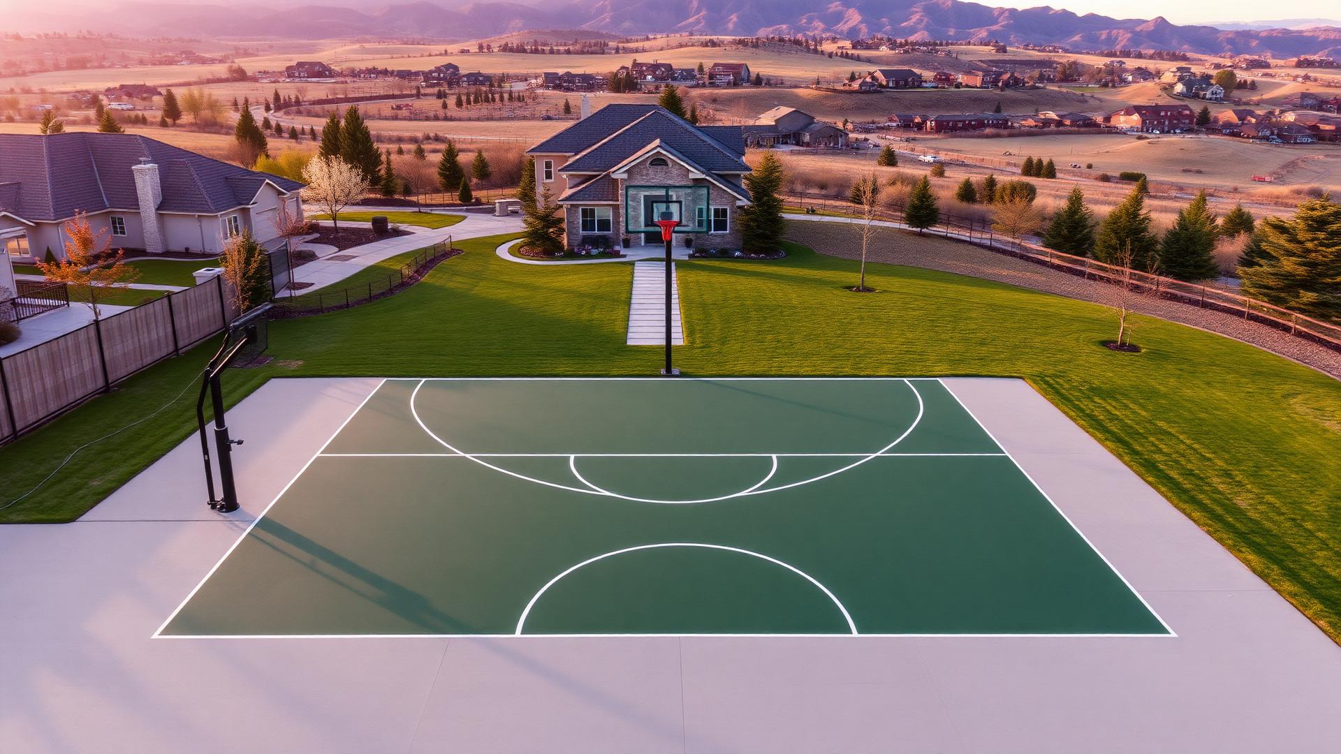 Aerial view of a custom green backyard basketball court built by Boise Sport Courts in the Idaho foothills
